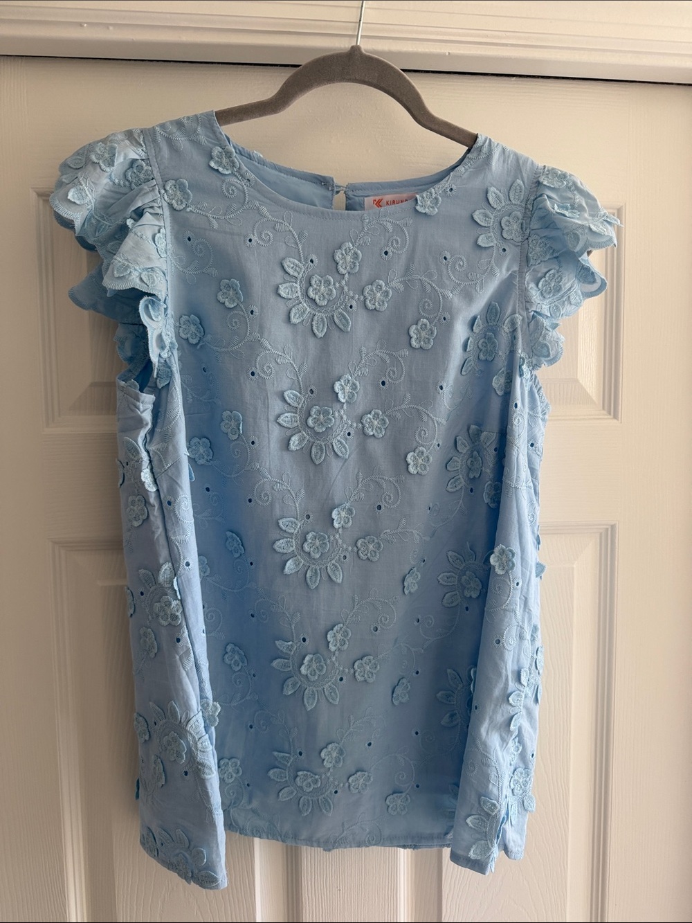 Light Blue Floral Eyelet Ruffle Sleeve Kids Dress